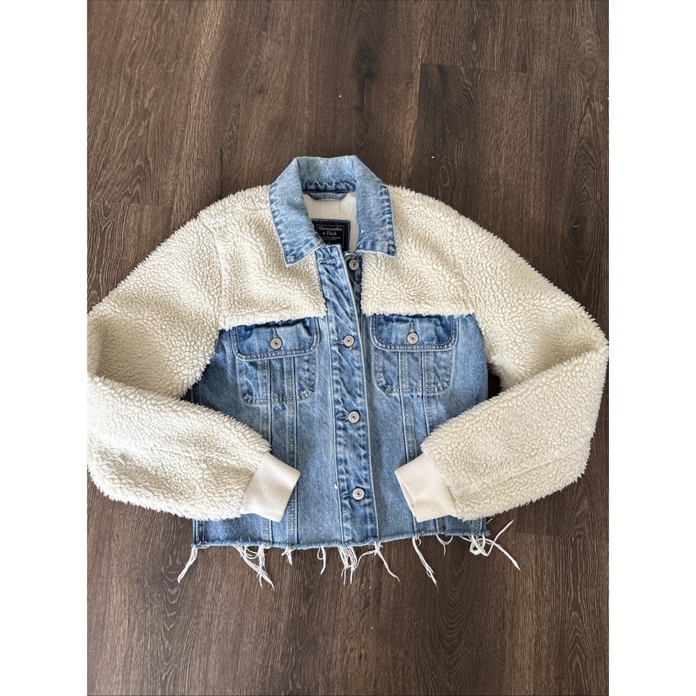 Abercrombie & Fitch Jacket Womens S Blue Denim Sherpa Cropped Distressed Y2K